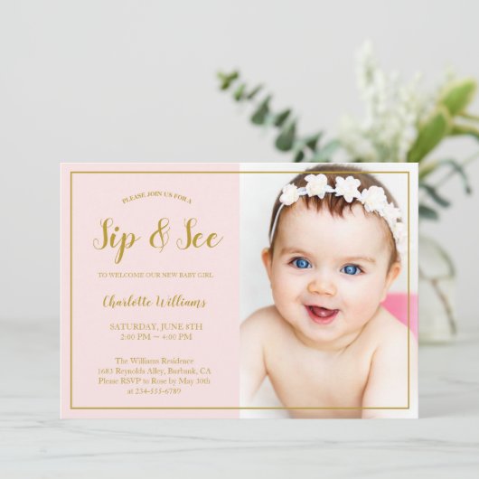 Sieben und sehen Sie Baby Shower Pink Gold Glitzer Einladung (Stehend Vorderseite)