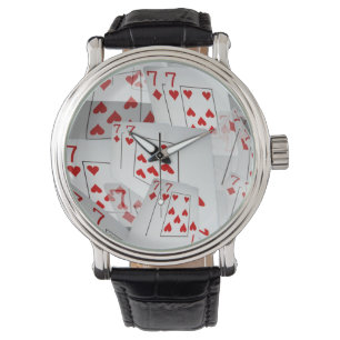 Siebener, Poker Karten, Herren Leder Großuhr. Armbanduhr