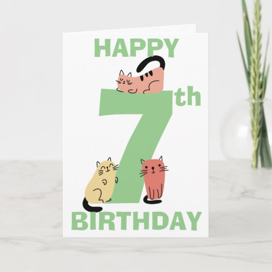 Siebte (siebte) Geburtstagsbotschaft Doodle Cats C Karte (Vorderseite)