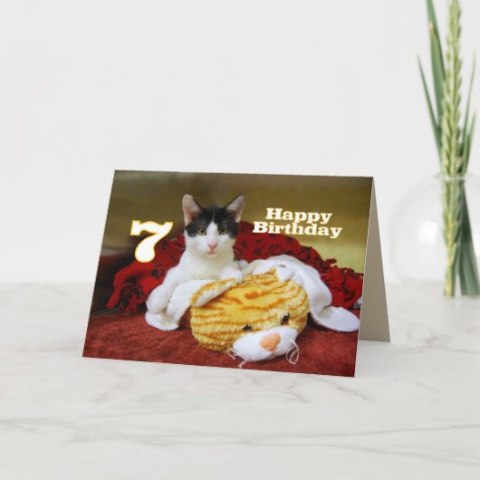 Siebter Geburtstag Kitten mit Toy Tiger Karte (Vorderseite)