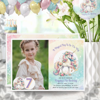Siebtes Einhorn Pastel Rainbow Geburtstag Einladung