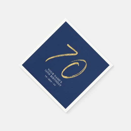 siebzig | Gold & Navy Blue Lettering 70. Geburtsta Serviette (Ecke)