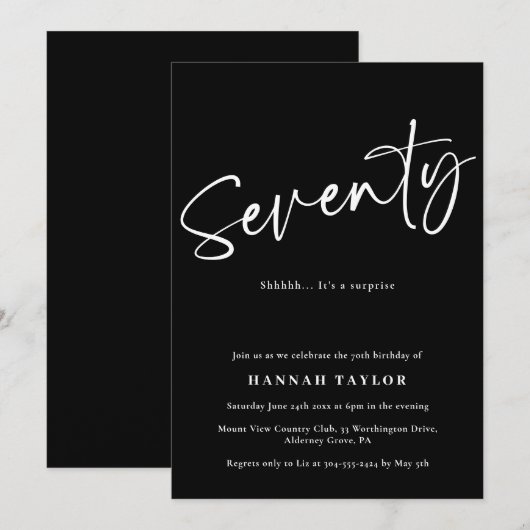 Siebzig Schwarz-weißes einfaches Skript 70. Geburt Einladung (Vorne/Hinten)