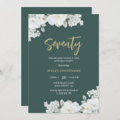 Siebzig Smaragdgrün & goldene weiße Blüte Geburtst Einladung (Vorne/Hinten)