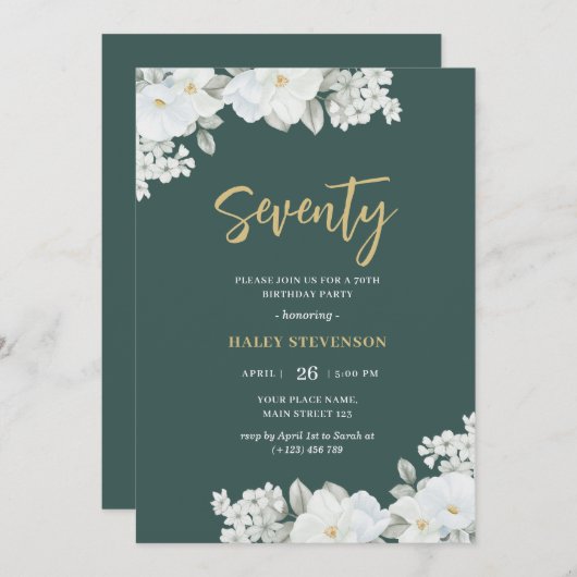 Siebzig Smaragdgrün & goldene weiße Blüte Geburtst Einladung (Vorne/Hinten)