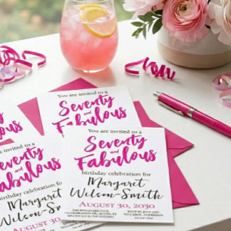 Siebzig und Fabulous Pink Script Geburtstag Einladung