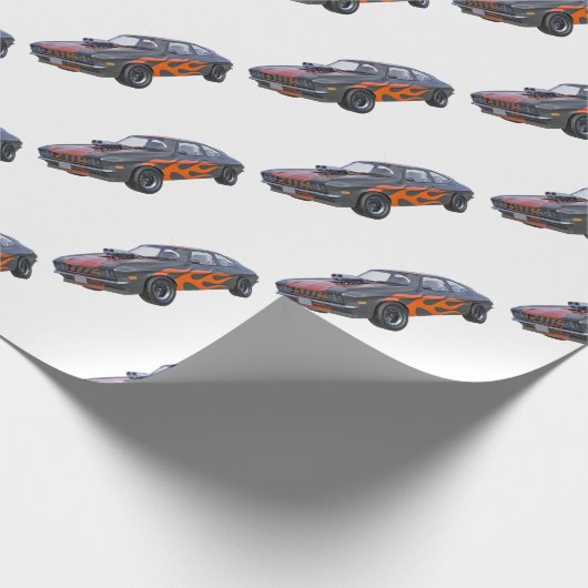 Siebzigerjahre Muskel-Auto mit orange Flamme und Geschenkpapier (Ecke)