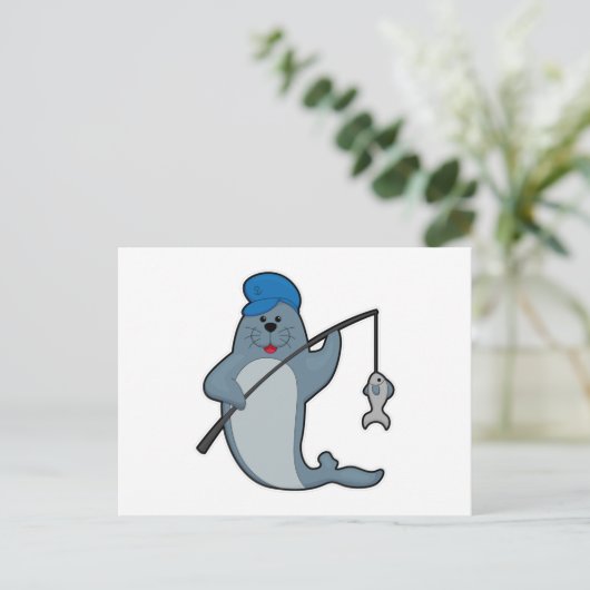 Siegel beim Angeln mit Angelrute & Fisch Postkarte (Stehend Vorderseite)