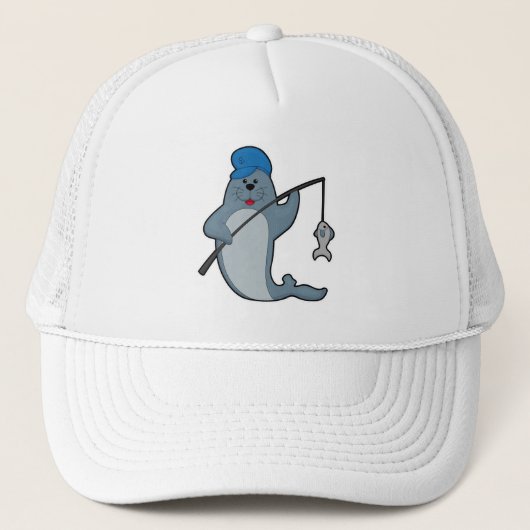 Siegel beim Angeln mit Angelrute & Fisch Truckerkappe (Vorderseite)