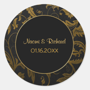 Siegel für Hochzeiten von Gold und Black Damask - Runder Aufkleber