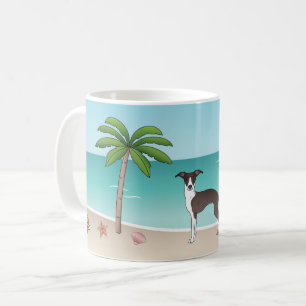 Siegel und weißer Iggy-Hund am tropischen Sommerst Kaffeetasse