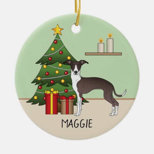 Siegel und Weißer Italienischer Grauthund & Weihna Keramik Ornament (Vorne)