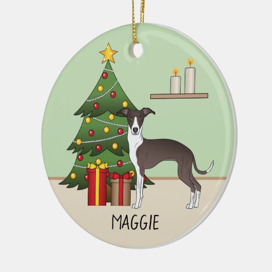 Siegel und Weißer Italienischer Grauthund & Weihna Keramik Ornament (Links)