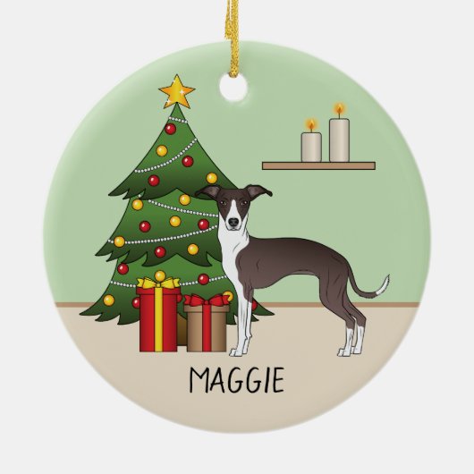 Siegel und Weißer Italienischer Grauthund & Weihna Keramik Ornament (Hinten)