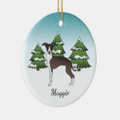 Siegel und Weißer Italienischer Windhund im Winter Keramik Ornament (Rechts)