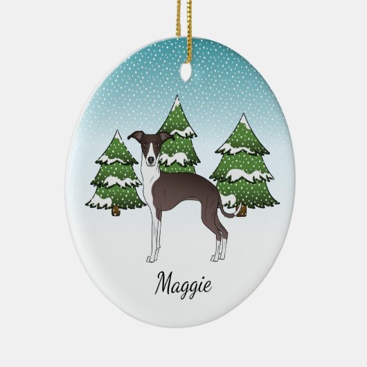 Siegel und Weißer Italienischer Windhund im Winter Keramik Ornament (Rechts)