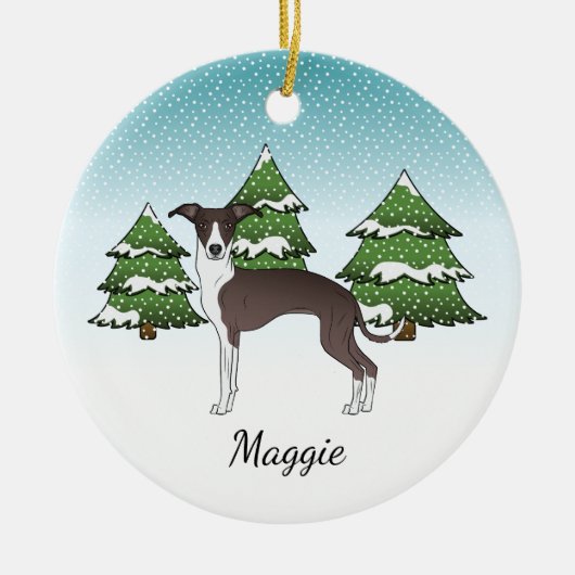 Siegel und Weißer Italienischer Windhund im Winter Keramik Ornament (Vorne)