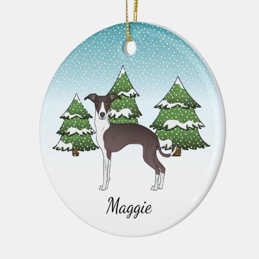 Siegel und Weißer Italienischer Windhund im Winter Keramik Ornament (Links)