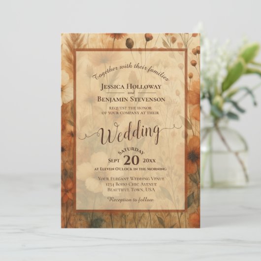 Sienna Boho Floral Calligraphy & QR Code Wedding Einladung (Stehend Vorderseite)