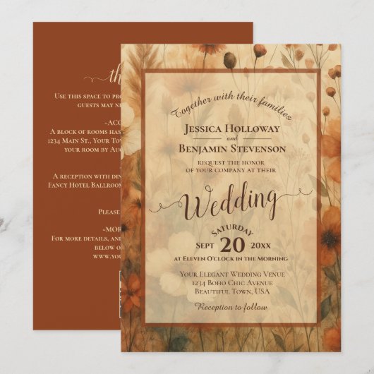 Sienna Boho Floral Calligraphy & QR Code Wedding Einladung (Vorne/Hinten)