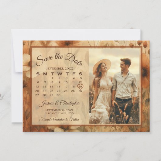 Sienna Boho Floral Medley Calendar & Photo Wedding Save The Date (Vorderseite)