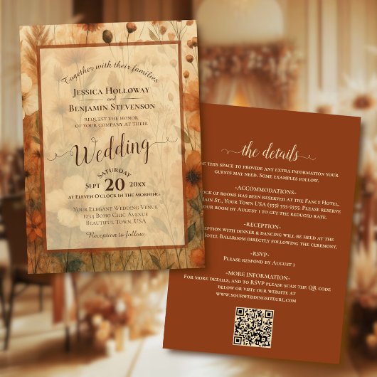 Sienna Boho Florale Kalligrafie & QR-Code Hochzeit Einladung