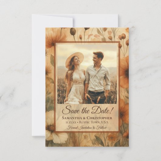Sienna Boho Watercolor Wildflowers Photo Wedding Save The Date (Vorderseite)
