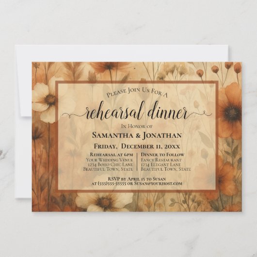 Sienna Boho Wildflowers Hochzeitsprobe-Dinner-Einl Einladung (Vorderseite)