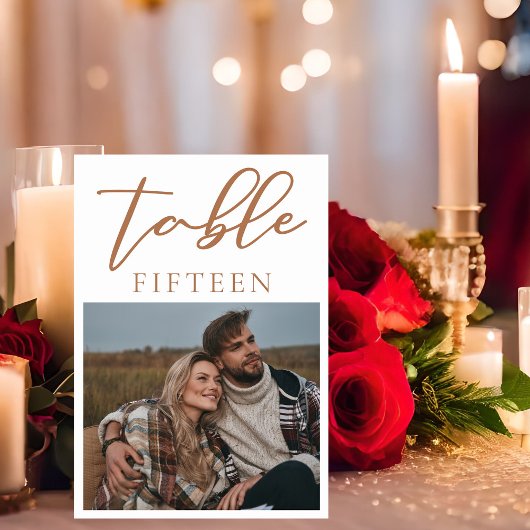 Sienna Brown Script Couple Foto Summer Wedding Tischnummer