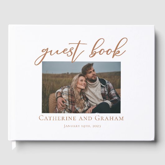 Sienna Brown Script Couple Foto Wedding Gästebuch (Vorderseite)
