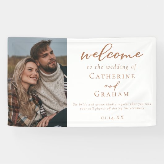 Sienna Brown Script Custom Foto Wedding Willkommen Banner (Horizontal)