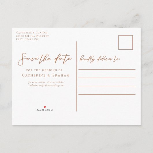 Sienna Brown Script Save the Date Minimalistisch Ankündigungspostkarte (Rückseite)