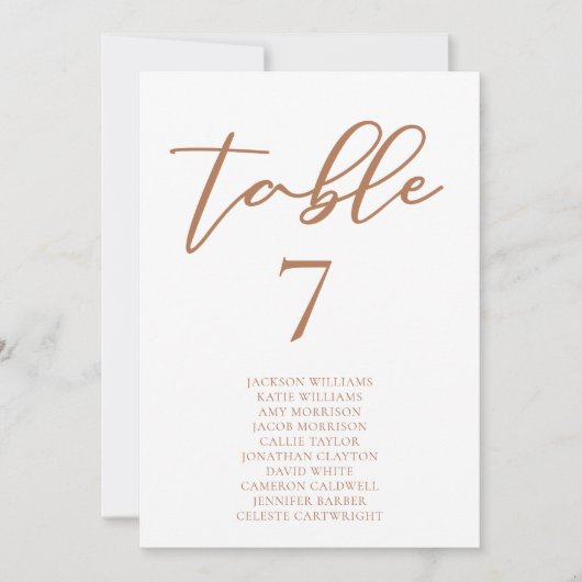 Sienna Brown Script Wedding Tischnummer w Names (Vorderseite)