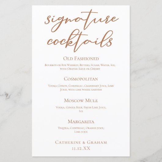 Sienna Brown Wedding Signature Cocktails Menü (Vorderseite)