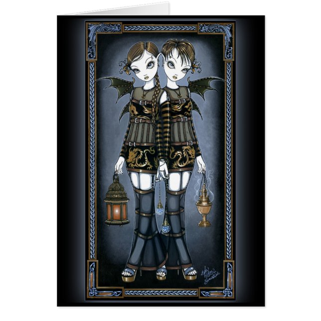 "Sienna & Celeste" Dragon Twin Fairies Kunstkarte (Vorne)