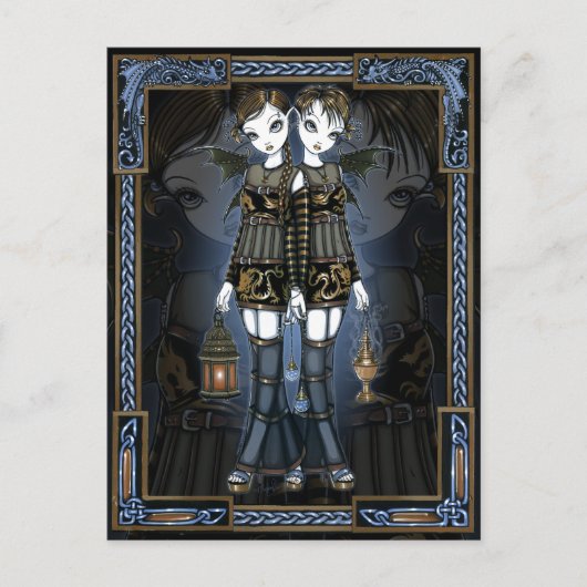Sienna & Celeste Gothic Dragon Twins Fee Postkarte (Vorderseite)