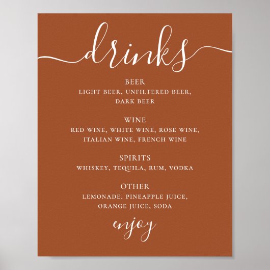 Sienna Wedding Drinks Menu | Terracotta Bar Sign Poster (Vorne)