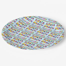 Siesta Beach, Florida. Farbiges Textmuster Pappteller