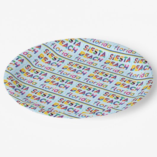 Siesta Beach, Florida. Farbiges Textmuster Pappteller (Schrägansicht)