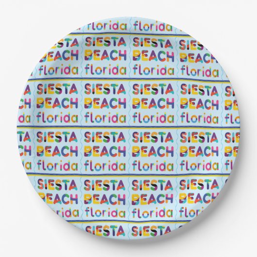 Siesta Beach, Florida. Farbiges Textmuster Pappteller (Vorderseite)