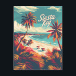 Siesta Key Beach Vintag Postkarte<br><div class="desc">Eine ruhige und nostalgische Darstellung von Siesta Key, Florida, bekannt für seine unberührten weißen Sandstrände und kristallklares türkisfarbenes Wasser. Das Design spiegelt die ruhige Schönheit dieses Küstenparadieses mit seinen sanften Wellen, schwindenden Palmen und den pulsierenden Sonnenuntergängen wider. Das Vintage Kunstwerk erinnert an die entspannende und idyllische Atmosphäre, die Siesta Key...</div>