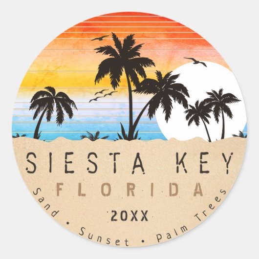 Siesta Key Florida Beach Retro Sunset Souvenir 80e Runder Aufkleber (Vorderseite)