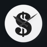 Sign-Dollar Einfache Schablonenschrift Runde Wanduhr<br><div class="desc">Schwarzes Dollarzeichen im Vintagen Schablonenstil auf weißem Hintergrund. Klicken Sie auf den Button "Anpassen", um das Design zu personalisieren, indem Sie die gewünschte Farbe auswählen und sogar Ihren eigenen Text hinzufügen. Die passenden Artikel sind auch im Shop erhältlich.</div>