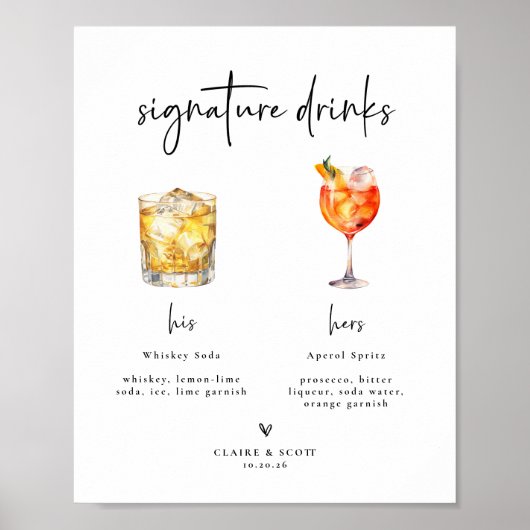 Signatur-Drinks Hochzeitsbar-Schild Poster (Vorne)