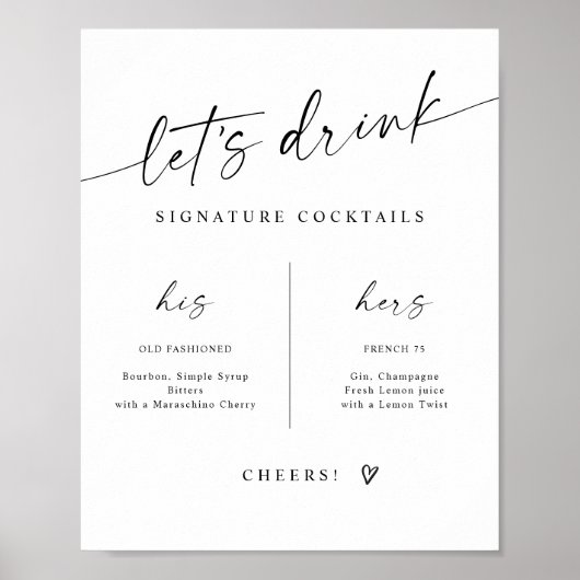 Signatur-Drinks Moderne handgeschriebene Hochzeits Poster (Vorne)