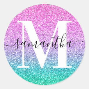 Signatur-Monogramm Pink Purpur Jade Ombre Glitter Runder Aufkleber