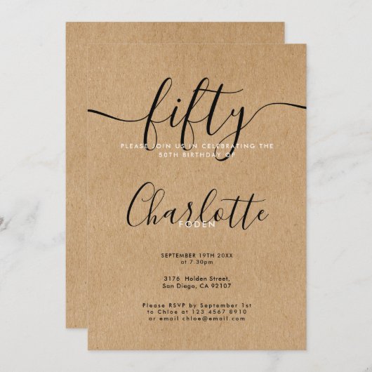 Signatur Rustic Kraft 50. Geburtstag Einladung (Vorne/Hinten)
