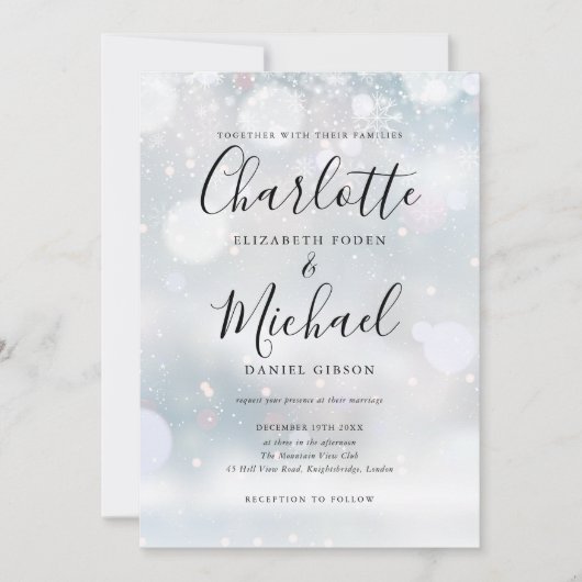 Signatur-Schrift-Schneeflocken Winterhochzeit Einladung (Vorderseite)
