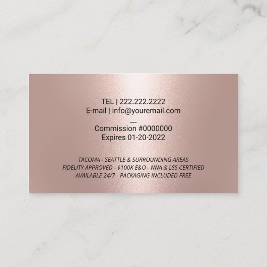 Signatur von Notar-Agent-Rose Gold Quill-Logo Visitenkarte (Rückseite)