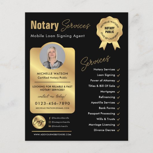 Signatur von Notar-Agent-Schwarz-Gold-Logo-Foto Flyer (Vorne)